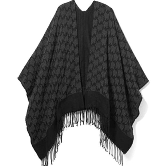 MICHAEL KORS LOGO PONCHO JACQUARD FRINGED RUANA DERBY & BLACK SWEATER CAPE NEW! - Picture 1 of 1